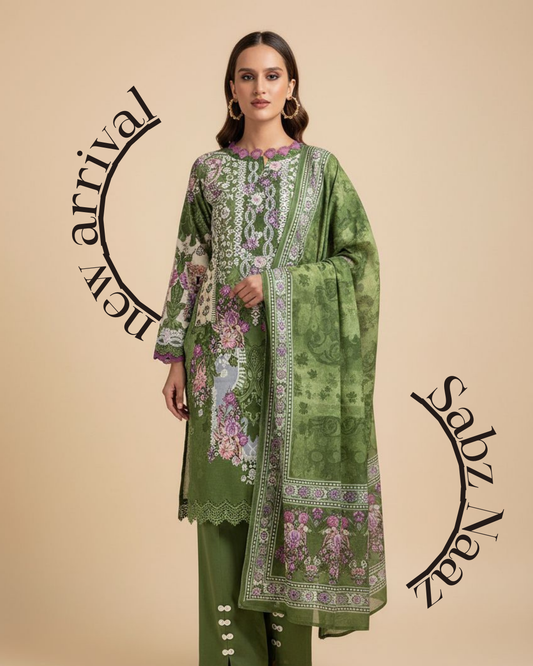 Sabz Naaz (Unstitched) – Saira Cotton Suit | 100% Cotton